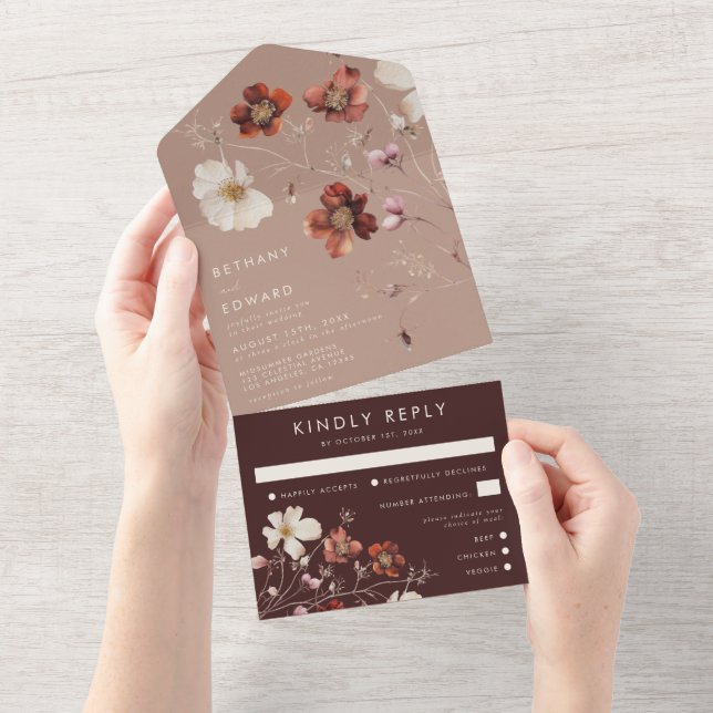 Invitación Todo En Uno Boda de flores silvestres de otoño romántico (desgarro)