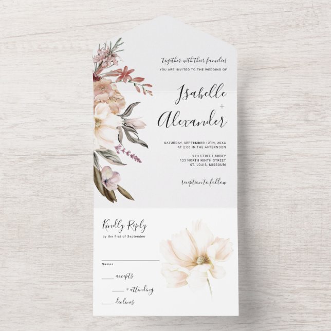 Invitación Todo En Uno Boda de flores silvestres en acuarela (Interior)