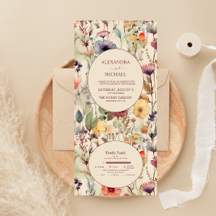 Invitación Todo En Uno Boda de flores silvestres en tonos suaves con acua