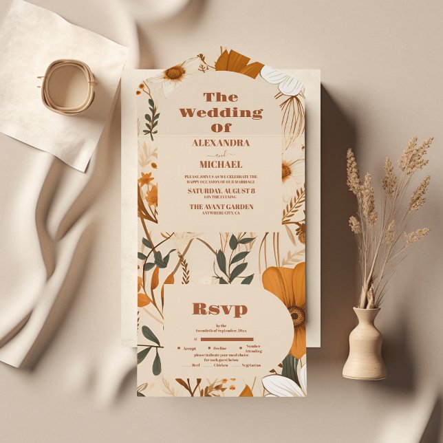 Invitación Todo En Uno Boda de Flores Silvestres Naranja quemada (Subido por el creador)