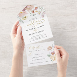 Invitación Todo En Uno Boda de flores silvestres rosadas y rojas