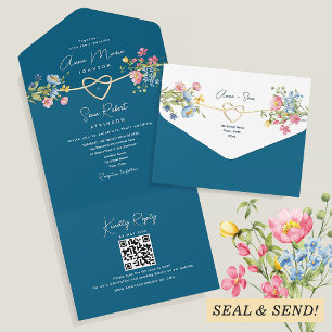 Invitación Todo En Uno Boda de flores silvestres turquesa