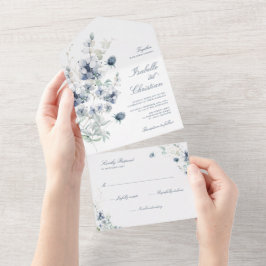 Invitación Todo En Uno Boda de flores silvestres verde azul polvoriento