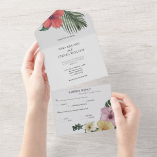 Invitación Todo En Uno Boda de flores tropicales de color de agua de play