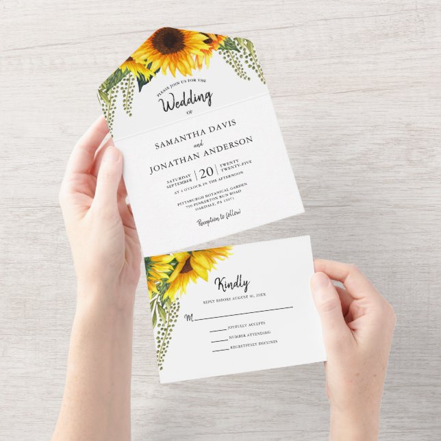 Invitación Todo En Uno Boda de Foliage verde y girasoles otoñales (desgarro)