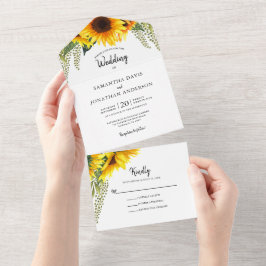Invitación Todo En Uno Boda de Foliage verde y girasoles otoñales