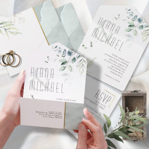 Invitación Todo En Uno Boda de follaje de ensueño Green ID817