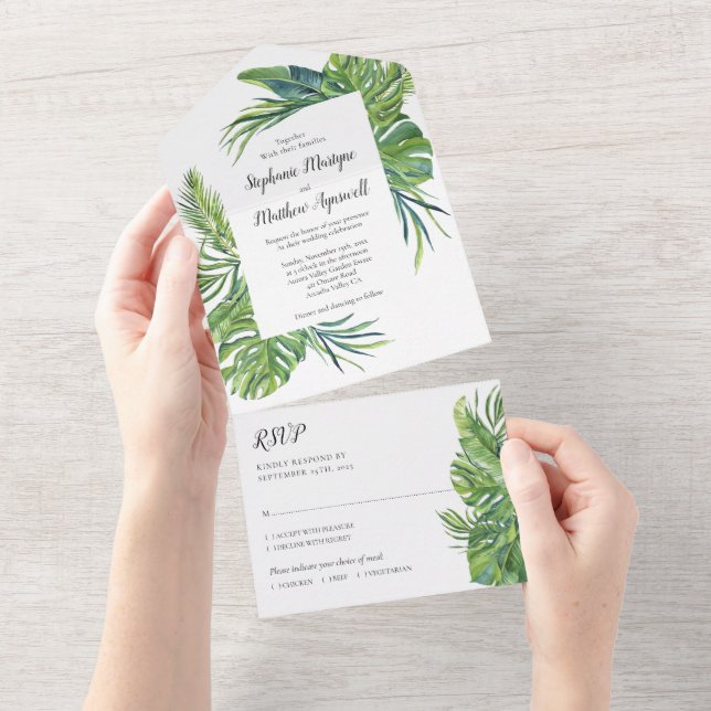Invitación Todo En Uno Boda de follaje de hojas tropicales (desgarro)