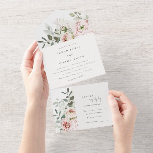 Invitación Todo En Uno Boda de follaje Eucalyptus Pink Peonies Rubor Blan (desgarro)