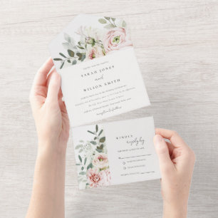 Invitación Todo En Uno Boda de follaje Eucalyptus Pink Peonies Rubor Blan
