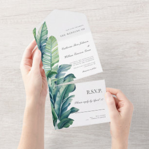 Invitación Todo En Uno Boda de follaje exótico de hojas silvestres y trop