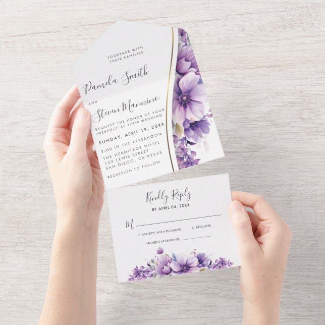 Invitación Todo En Uno Boda de follaje floral púrpura moderno con RSVP (desgarro)