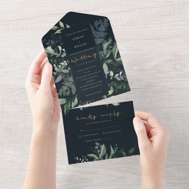 Invitación Todo En Uno Boda de follaje tropical de la Marina Verde Negra  (desgarro)