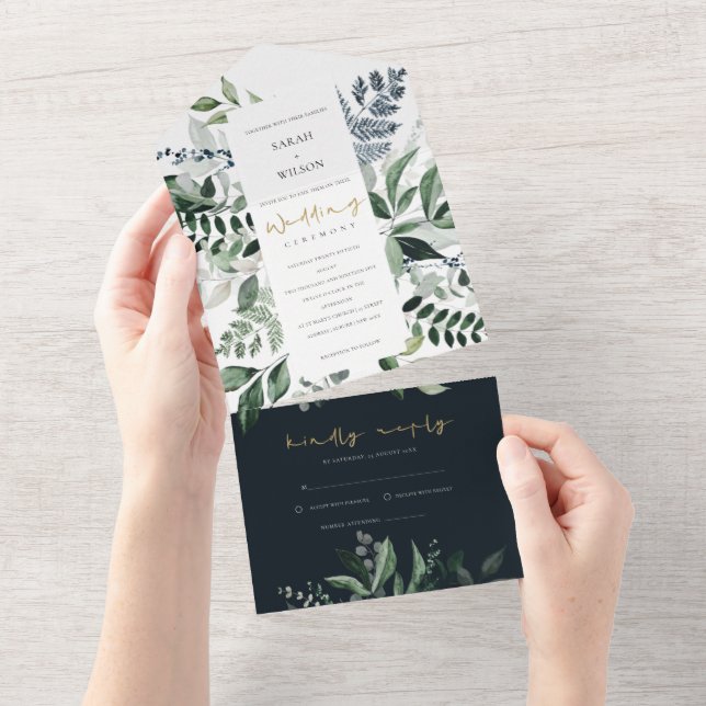 Invitación Todo En Uno Boda de follaje tropical de Navy Kraft Green Leafy (desgarro)