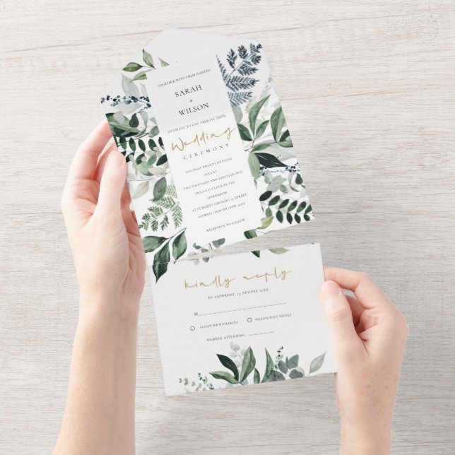 Invitación Todo En Uno Boda de follaje tropical Kraft Green Leafy moderno (desgarro)