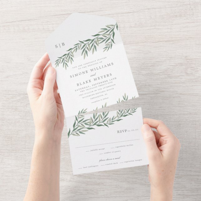 Invitación Todo En Uno Boda de follaje verde elegante (desgarro)