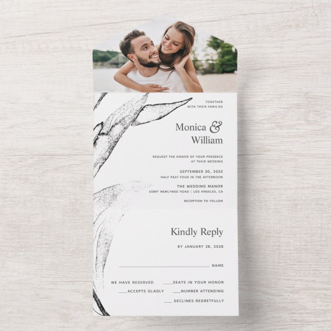 Invitación Todo En Uno Boda de folletos gráficos modernos en blanco y neg (Interior)