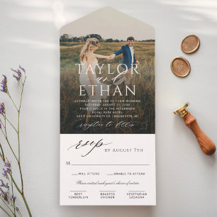 Invitación Todo En Uno Boda de Foto Caligrafía Blanca Elegante