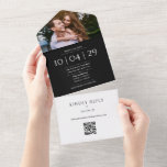 Invitación Todo En Uno Boda de foto con código QR de monograma en blanco<br><div class="desc">Una elegante invitación de boda minimalista en blanco y negro que incluye tu foto,  fecha especial y detalles de la boda en tipografía clásica y elegante. La invitación incluye una tarjeta RSVP perforada con el código QR de tu sitio web de boda y detalles. Diseñado por Thisisnotme©</div>