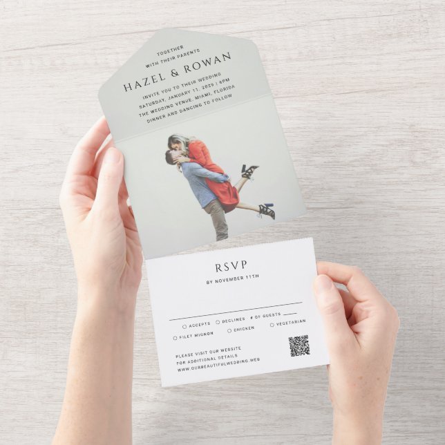 Invitación Todo En Uno Boda de Foto con Código QR Simple Moderno (desgarro)