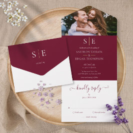 Invitación Todo En Uno Boda De Foto Con Monograma En Burgundy Y Dorado