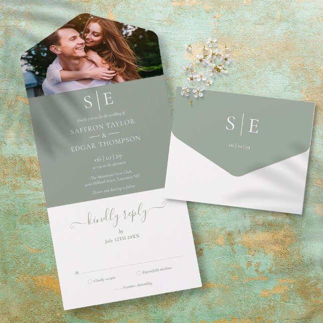 Invitación Todo En Uno Boda de Foto de Monograma Verde Menta Elegante (Subido por el creador)