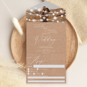 Invitación Todo En Uno Boda de foto kraft marrón con luces de cuerda rusa