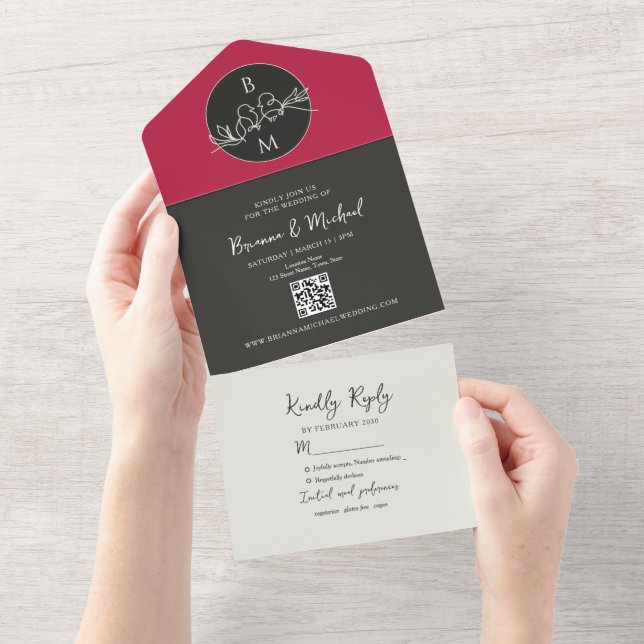 Invitación Todo En Uno Boda de Foto Negra Rosa Moderna (desgarro)