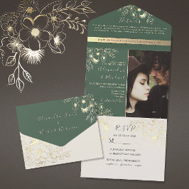 Invitación Todo En Uno Boda de Foto Verde Floral Dorado