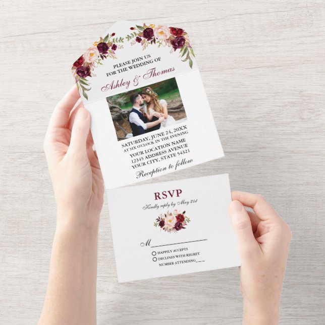 Invitación Todo En Uno Boda de fotografía acuarela borgoñona (desgarro)