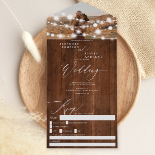 Invitación Todo En Uno Boda de fotografía de madera marrón con luces de c