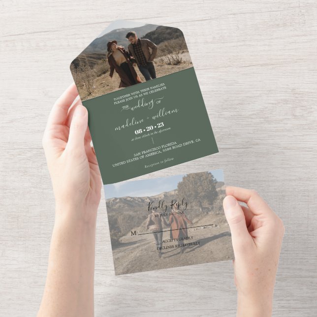 Invitación Todo En Uno Boda de fotografía de moda verde esmeralda simple (desgarro)