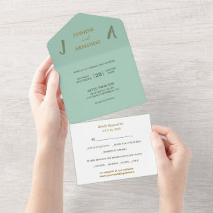 Invitación Todo En Uno Boda de fotografía de oro verde sabio minimalista