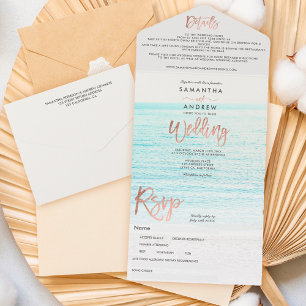 Invitación Todo En Uno boda de fotografía de playa con tipografía de oro