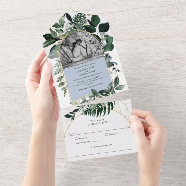 Invitación Todo En Uno Boda de fotografía del jardín botánico Dusty Blue  (desgarro)