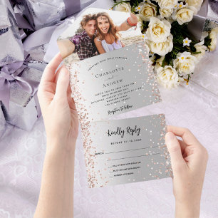 Invitación Todo En Uno Boda de fotografía dorada rosa de plata