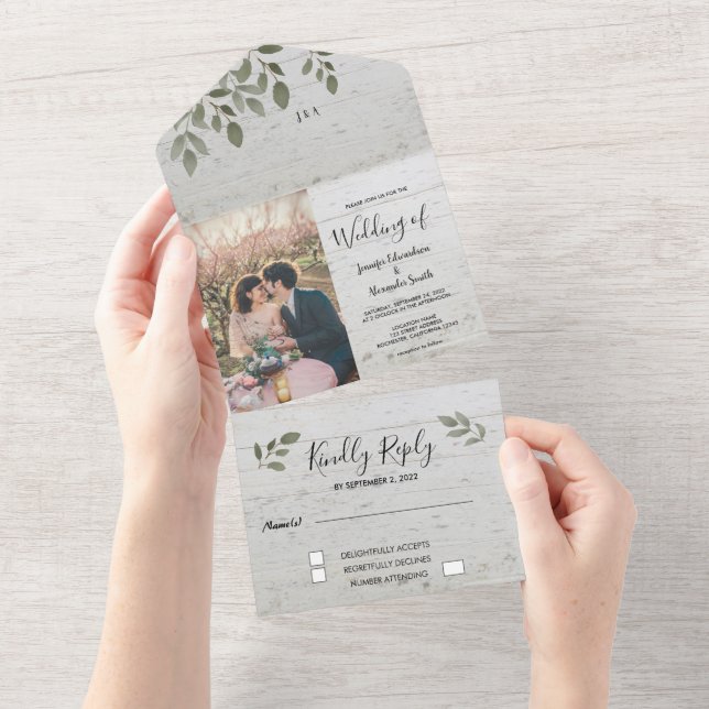 Invitación Todo En Uno Boda de fotografía en monograma botánico de madera (desgarro)