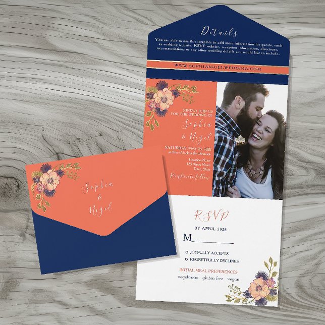 Invitación Todo En Uno Boda de fotografía floral de coral azul de la Mari (Subido por el creador)