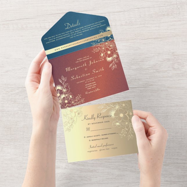 Invitación Todo En Uno Boda de fotografía floral de oro verde azulado (desgarro)