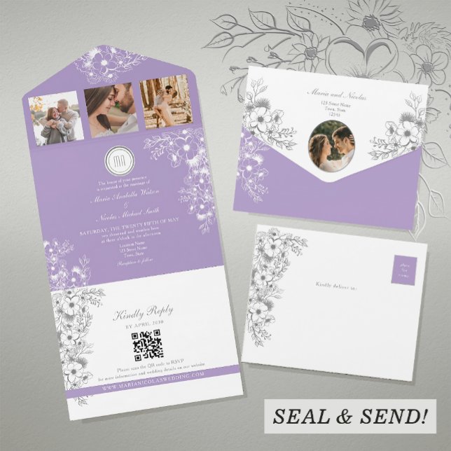 Invitación Todo En Uno Boda de fotografía floral romántica púrpura (Subido por el creador)