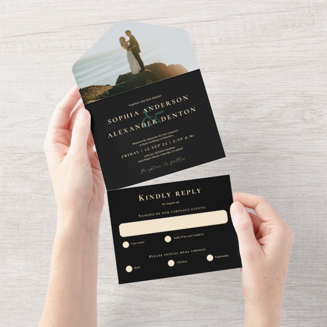 Invitación Todo En Uno Boda de fotografía negra de ágata verde esmeralda (desgarro)