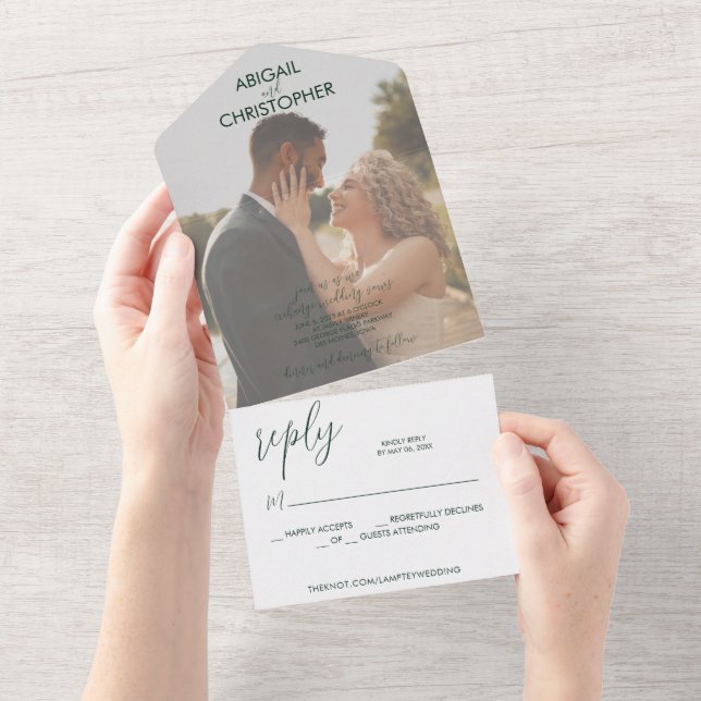 Invitación Todo En Uno Boda de fotografía romántica verde esmeralda (desgarro)