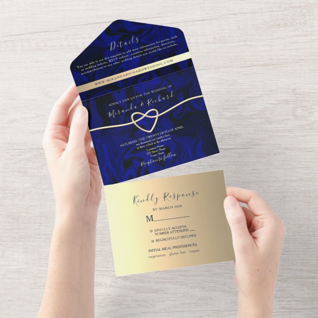 Invitación Todo En Uno Boda de fotografía Royal Blue Gold (desgarro)