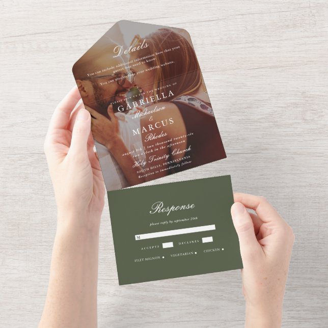 Invitación Todo En Uno Boda de fotografía verde de moda (desgarro)