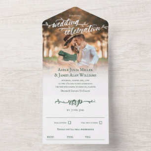 Invitación Todo En Uno Boda de fotografías de guion de pincel verde ruso