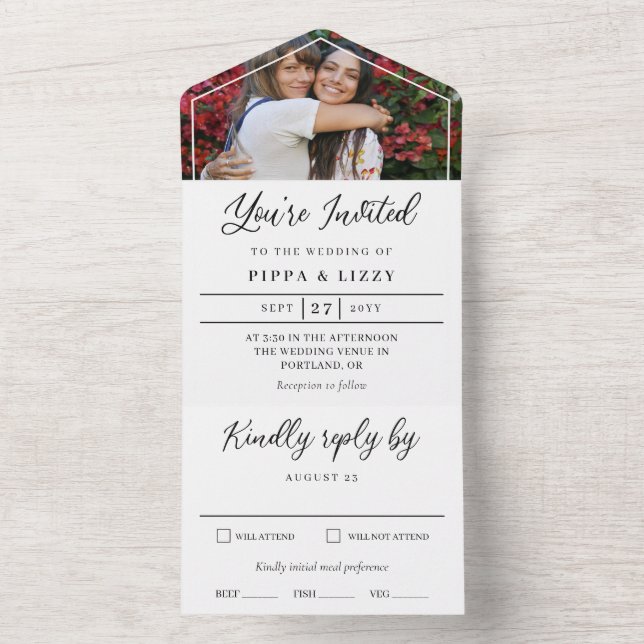 Invitación Todo En Uno Boda de fotografías invitadas con guiones negros (Interior)