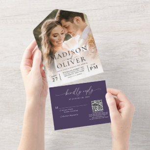Invitación Todo En Uno Boda de fotos de código QR clásico violeta elegant