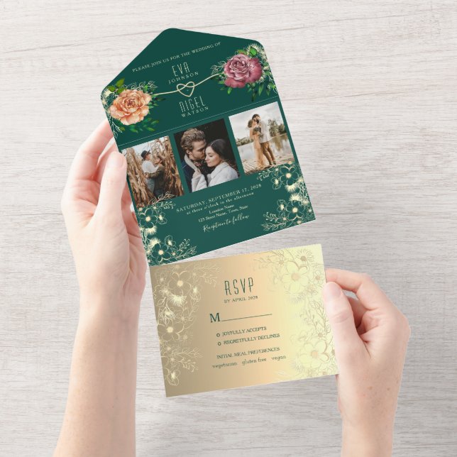 Invitación Todo En Uno Boda de fotos de Emerald Green (desgarro)