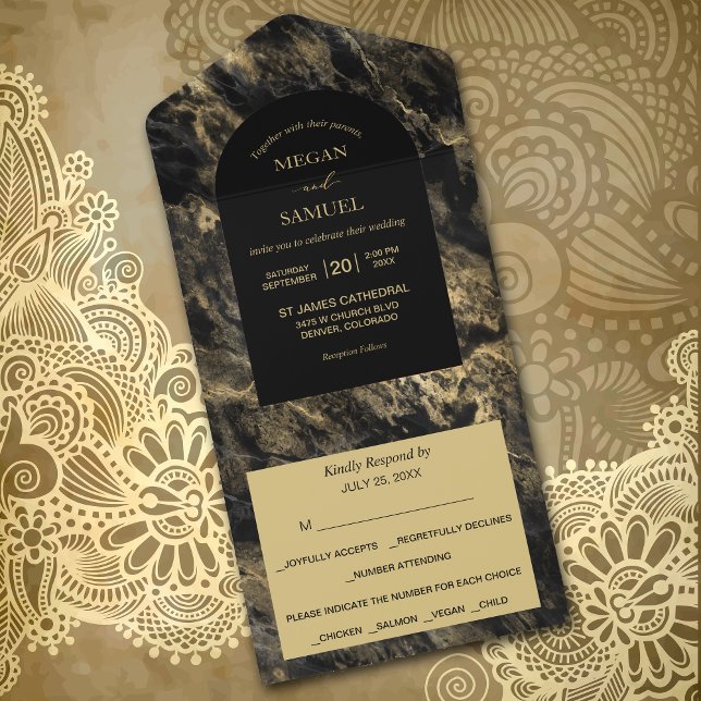 Invitación Todo En Uno Boda de fotos de mármol negro ahumado con dorado (Subido por el creador)