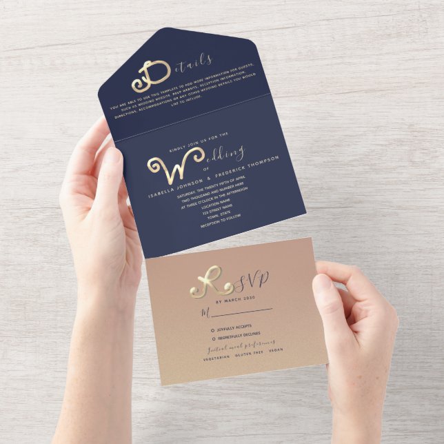 Invitación Todo En Uno Boda de fotos de Navy Blue Gold Script (desgarro)